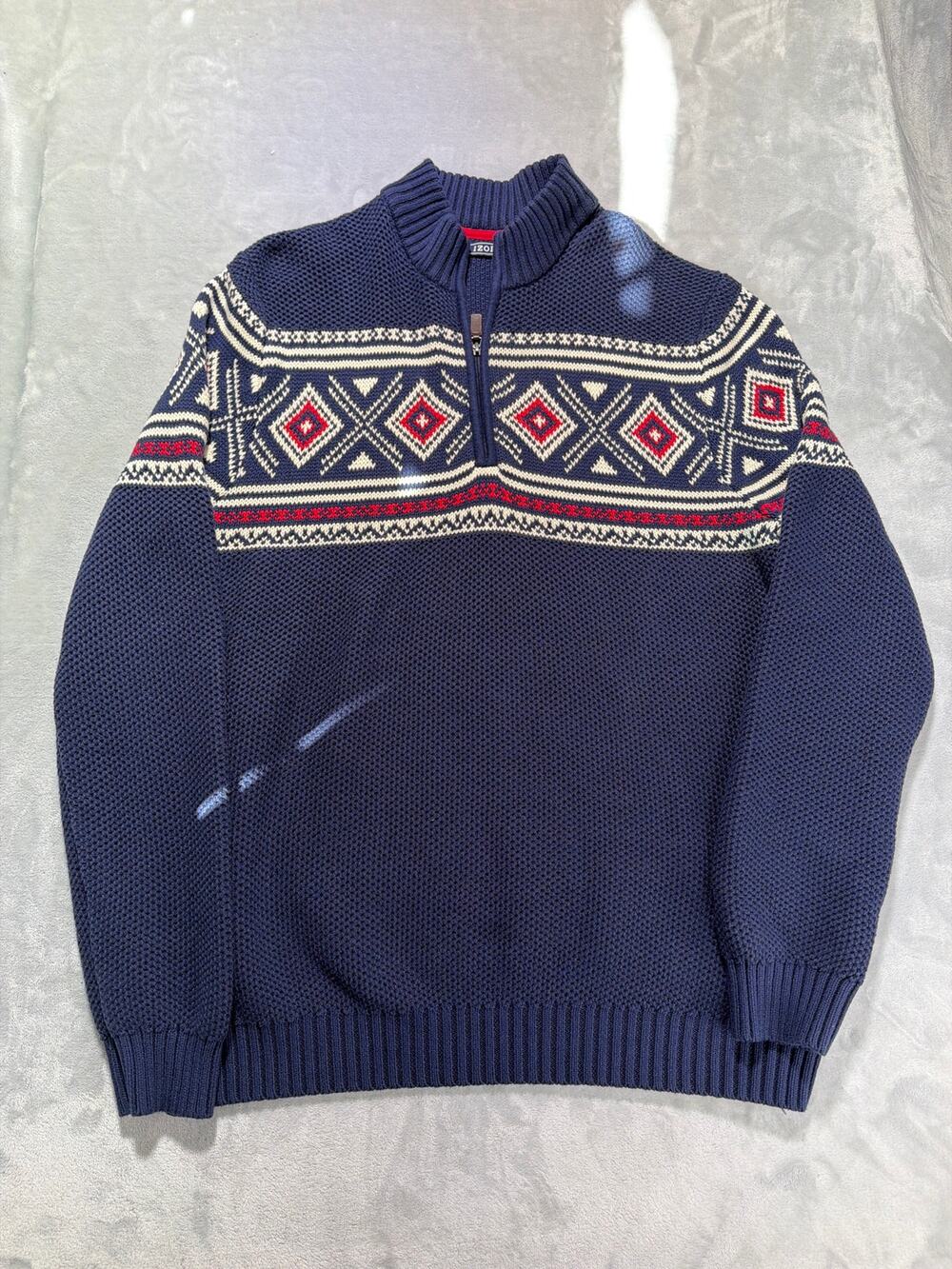 IZOD Men's Fair Isle 1/4 Zip Pullover Sweater – Navy Blue Cotton Blend, Size XL